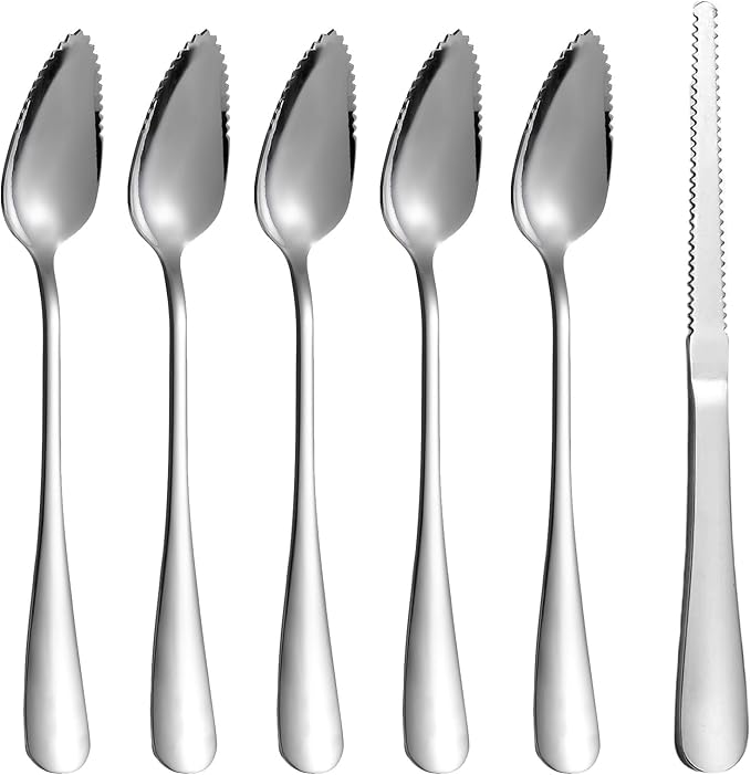 HyperSpoon 5 Pack Grapefruit Spoons & 1 Grapefruit Knife, Stainless Steel Flatware Set Serrated Edges, Cutting Utensil Kitchen with Titanium Plating for Fruit Kiwi Orange, Silver