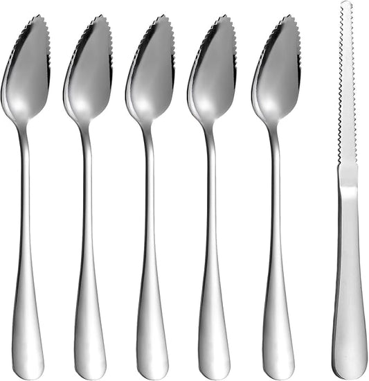 HyperSpoon 5 Pack Grapefruit Spoons & 1 Grapefruit Knife, Stainless Steel Flatware Set Serrated Edges, Cutting Utensil Kitchen with Titanium Plating for Fruit Kiwi Orange, Silver