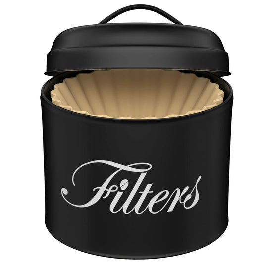 Black Basket Coffee Filter Holder With Lid - Round Container for Counter Storage - Rustic Farmhouse