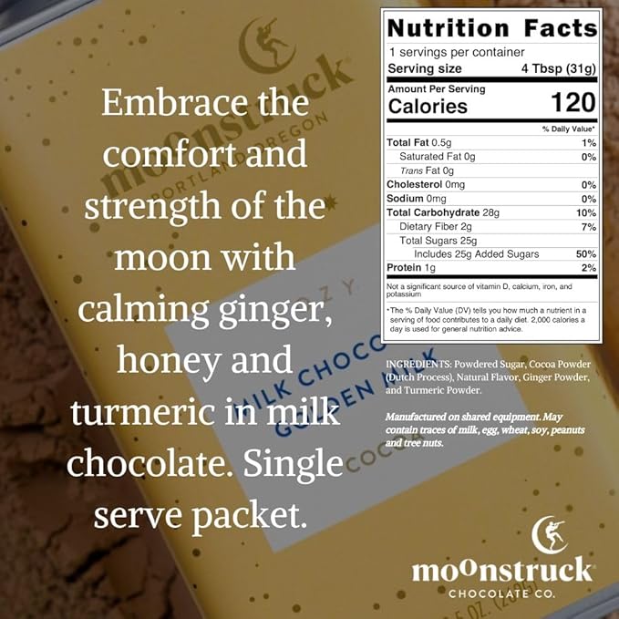 Moonstruck Chocolate Single Serve Cozy Ginger and Turmeric Milk Chocolate Hot Chocolate Packets, 8 Count (Pack of 1)