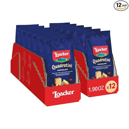 Loacker Quadratini Chocolate Bite-Size Wafer Cookies, Crispy Wafers with 4 Creamy Layers of Chocolate Cream Filling, New On-the-Go Pack, Box of 12