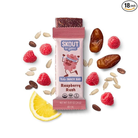 Skout Organic Raspberry Rush Kids Snack Bars (18 Pack) | Organic Kids Snack Bars | Plant-Based Nutrition, No Refined Sugar | Vegan | Gluten, Dairy, Grain, Peanut, Tree Nut & Soy Free