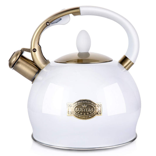 SUSTEAS Whistling Tea Kettle, 2.7QT Food-Grade Steel Teapot, WHITE