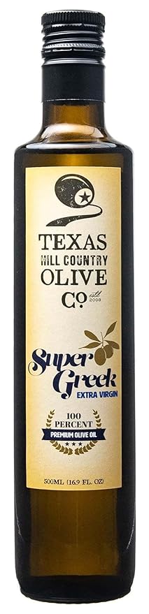 Texas Hill Country Olive Co Super Greek Extra Virgin Olive Oil - Cold Pressed EVOO Gourmet Olive Oil - Rich & Fruity - Perfect for Finishing & Dressing - Award Winning & Made in Texas (16.9 Fl Oz)
