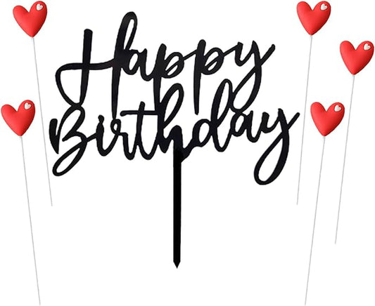 ZHENGYE Black Happy Birthday Cake Topper Acrylic Decorations And 5 Red Love Cake Toppers Birthday Decoration(Black 25)