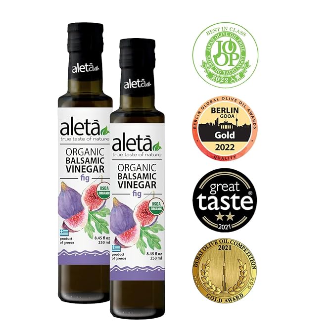 Aleta Farms Fig Balsamic Vinegar, Greek Organic Flavored Vinegar, USDA Organic, Perfect for Salad Dressings, Pasta, Desserts & Cocktails, Naturally Gluten Free, 8.45 fl oz (Fig)