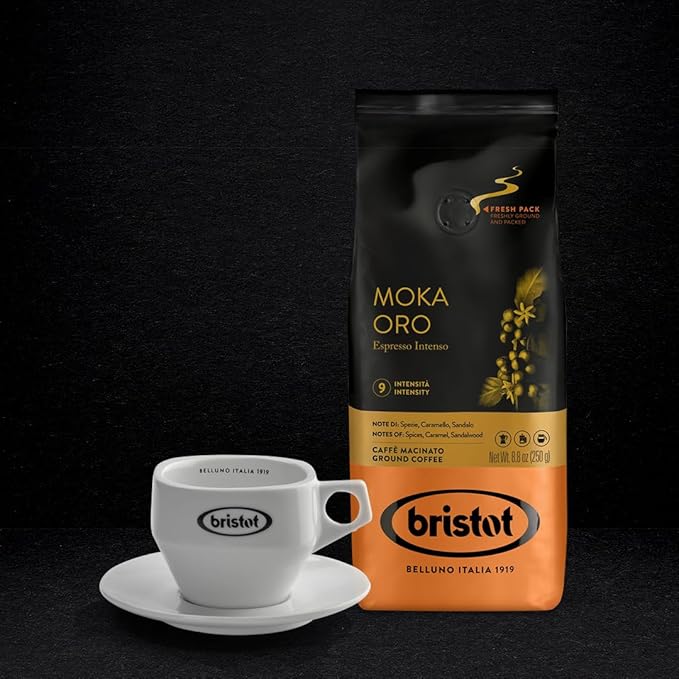 Bristot Moka Oro Ground Coffee | Italian Ground Espresso | Medium Roast | For Moka, French Press, Pour Over | 8.8oz/250g