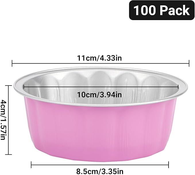 Beasea Aluminum Cups for Baking, 8 oz 100 Pack 3.9" 235ml Disposable Ramekins Bake Ramekin Cup Muffin Cupcake Baking Mini Pudding Cups for Party Wedding Birthday - Pink