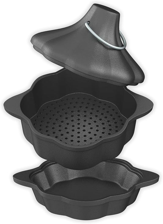 Cast Iron Saucepan & Chocolate Melting Pot, Small Sauce Pan & Tart Pan with Lid and Steamer, Garlic Roaster and Rice Pot for Baking, Grilling and Daily Cooking, Heavy Duty Multi-Functional Pot