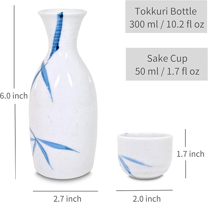 Product of Gifu Japan Japanese Sake Set, 1 Tokkuri Bottle Carafe and 4 Ochoko Cups Ceramic Sake Glasses, 5 Piece Set, White Nashijidake