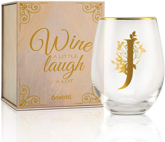 Onebttl Unique Stemless Wine Glasses, Initial Wine Cup for Red or White Wine - 18oz, Monogrammed, Gold - for Women, Girls, Female, Her, Friends, Coworkers, Clients - for Birthday, Christmas