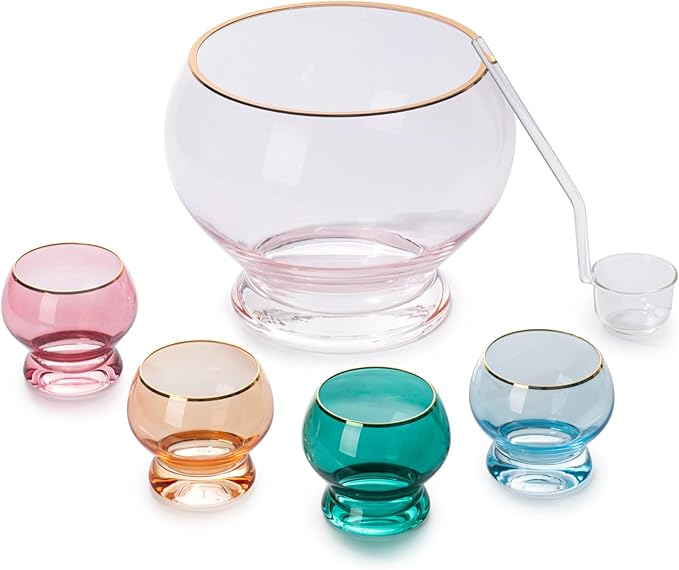 Colorful 1.7 Gallon Punch Bowl with 4 10oz Glasses Set with Ladle Gift For Mothers Day, Her, Wife, Mom, Friend - Colored Set Cocktails, Margarita, Juice, Punch Drink bowl for Parties, Weddings