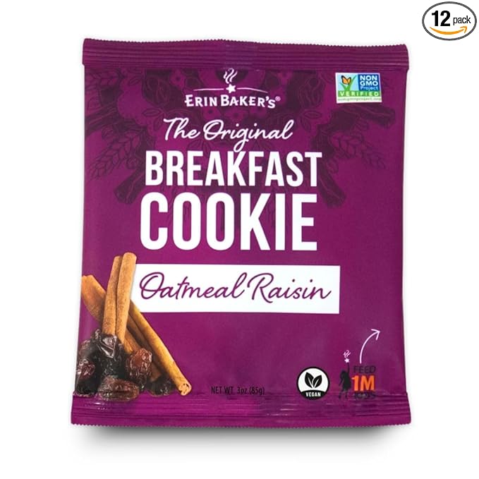 Erin Baker's Breakfast Cookies - Oatmeal Raisin, Whole Grain, Non-GMO, Naturally Sweetened, Healthy Snack - 3 oz, 12-Pack - 90010