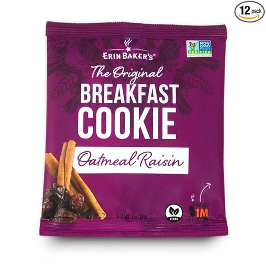 Erin Baker's Breakfast Cookies - Oatmeal Raisin, Whole Grain, Non-GMO, Naturally Sweetened, Healthy Snack - 3 oz, 12-Pack - 90010
