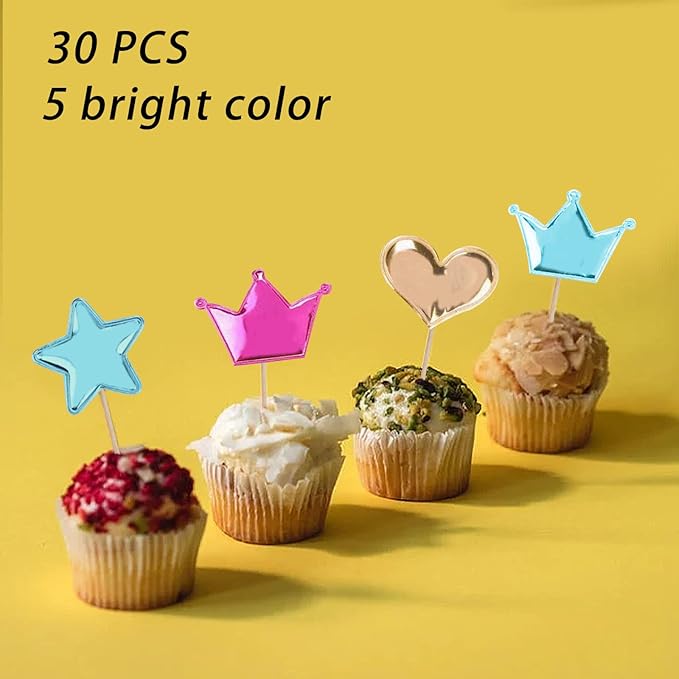 30 PCS Glitter Heart Cupcake Toppers Colorful Cake Decoration Heart and Star Cake Toppers Cute Party Decoration for Birthday and Baby shower (Fresh)