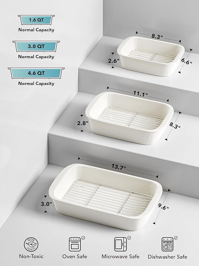 LE TAUCI Deep Casserole Dishes for Oven, 13.7???.6??Ceramic Baking Dish Set with Roasting Racks, Large Lasagna Pans with Handles, Rectangular Bakeware as Gift for Mom, White (4.6QT/3.0QT/1.6QT), Set of 3