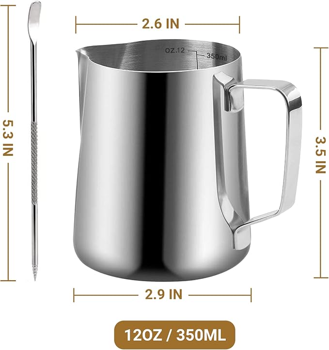 Milk Frothing Pitcher, 350ml/600ml (12oz/20oz) Milk Frother Cup Stainless Steel Jug Steaming Pitcher, Milk Coffee Cappuccino Latte Art Barista Steam Pitchers Milk Jug Cup with Decorating Pen