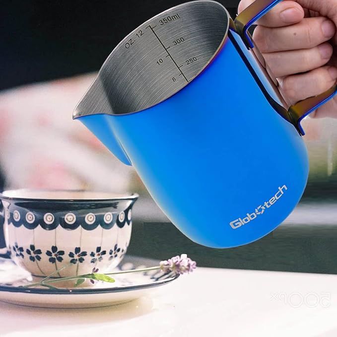 Milk Frothing Pitcher Latte Coffee, Stainless Steel Milk Frother Jug, Espresso Accessories Steaming Froth Cup Cappuccino 12 Oz, 350ml Blue
