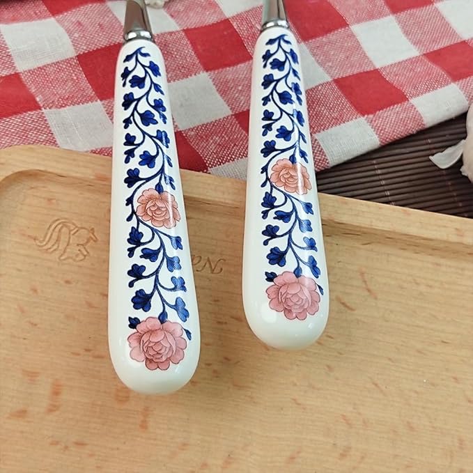 20cm 8inch Dinner Spoon 18-10 Stainless Steel Mirror Smooth Polished Ceramic Handle,Peony Pastoral Whisper Style Table Spoons, SUS304 Soup Spoon (4 PCS Spoons-Peony)