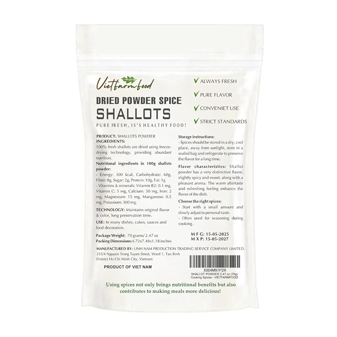SHALLOTS POWDER 2.47 Oz (70g) VIETFARMFOOD: Pure, natural freeze-dried spice made from real vegetables and fruits - perfect for enhancing every meal, from cooking, baking, salads, soups, sauces