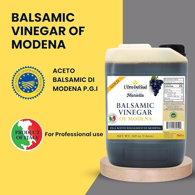 L'Oro Del Sud Ultra Premium,"Gold Label" 8 year Aged Balsamic Vinegar of Modena, IGP Certified, Mariella, Make your own Glaze, Product of Italy, Bulk Packaging Refill, New Pack, 5 Liters (169 oz)