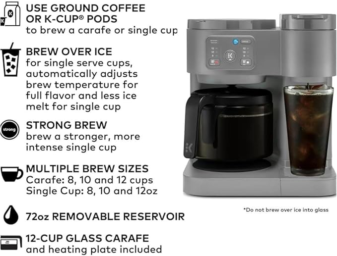 2-in-1 Hot & Iced Coffee Maker for Pods & Grounds ??12-Cup Glass Carafe & Single-Serve Brewer, 72oz Reservoir, Strong Brew, Extra Hot, Brew Over Ice, MultiStream Tech, Compact Design (Gray)