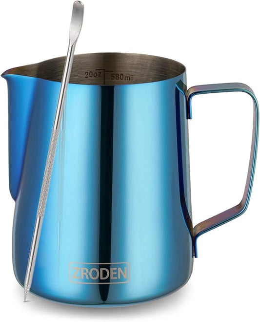 Milk Frothing Pitcher, 20oz Espresso Steaming Pitchers Stainless Steel Cappuccino Coffee Machine Accessories Barista Tools Steam Froth Pitchers Milk Jug Cup with Decorating Pen Latte Art, Blue