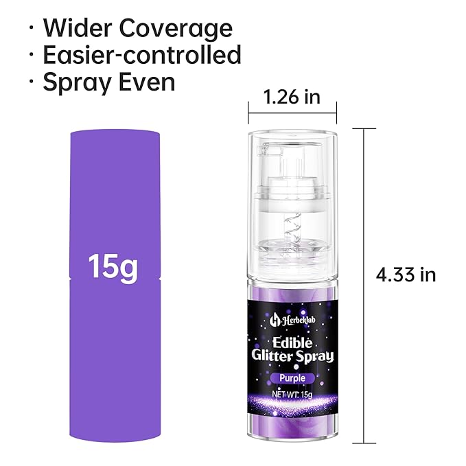 Purple Edible Glitter Spray - Herbeklab 15g Edible Glitter for Cakes, Food Grade Metallic Shimmer Powder, Edible Purple Spray for Cookie Decorating, Chocolate, Strawberries
