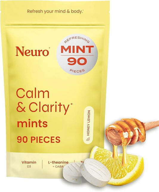 NeuroGum Calm & Clarity Mints (Honey Lemon, 90 Pieces) | GABA + L-Theanine + Vitamin D3 | Sugar Free Mood & Stress Relief Supplement