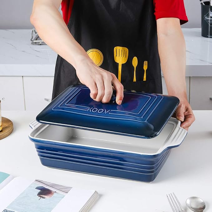 KOOV Ceramic Casserole Dish With Lid, Covered Rectangular Set, Lasagna Pan for Cooking, Baking Dish for Dinner, 9 x 13 Inches, Gradient Series (Gradient Blue)