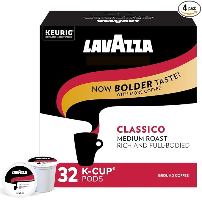 Lavazza Classico Single-Serve Coffee K-Cup® Pods for Keurig® Brewer, Medium Roast, Caps Classico, 32 Count (Pack of 4) Full-bodied medium roast with rich flavor and notes of dried fruit, Value Pack