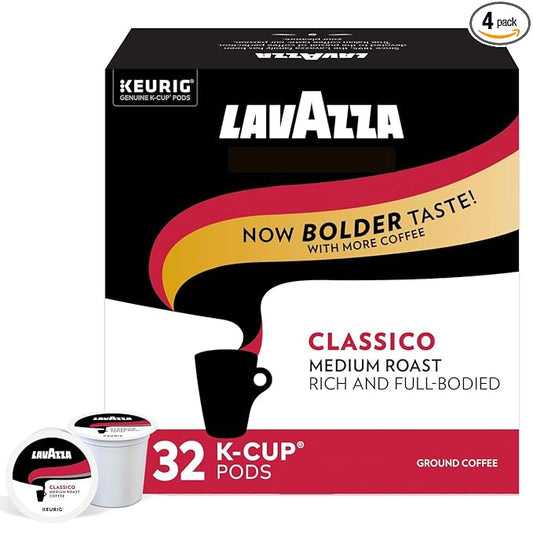 Lavazza Classico Single-Serve Coffee K-Cup® Pods for Keurig® Brewer, Medium Roast, Caps Classico, 32 Count (Pack of 4) Full-bodied medium roast with rich flavor and notes of dried fruit, Value Pack