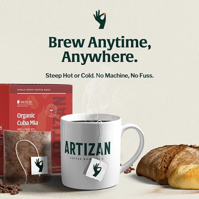 Artizan Organic Single-Serve Coffee Bags – Cuba Mia Blend | Full City Roast | 10 Count | On-the-Go Convenience - No Equipment Needed | Specialty Grade, Craft Roasted, Nitro-Sealed, Compostable