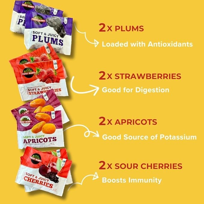 Perfect Delights Multipack Sun-Dried Fruits, Vegan, Healthy Snack Packs, Dried Fruits On-the-Go, Variety Fruit Pack For Kids & Adults, Apricots, Plums, Sour Cherries, Strawberries (8 Pack/ 2 of Each)