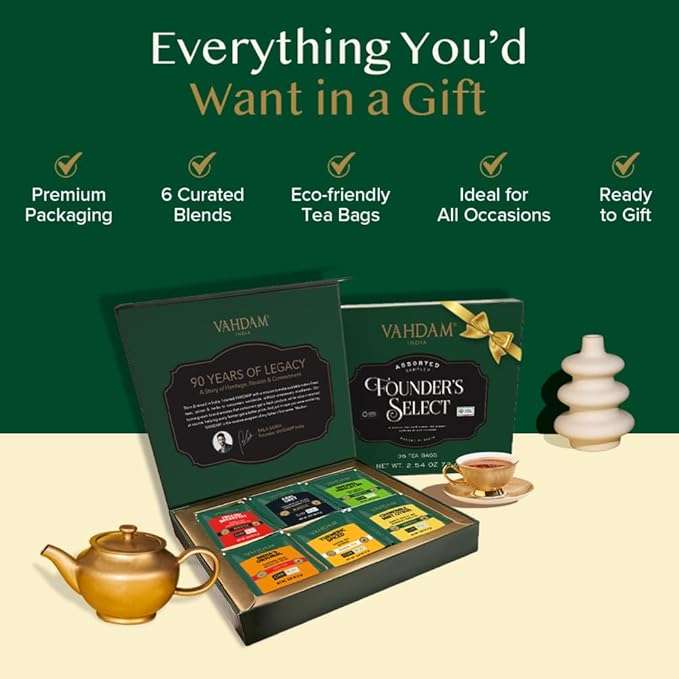 VAHDAM, Assorted Tea Gift Set (6 Varieties, 36 Tea Bags) - Variety Pack - Black, Green, Chai and Herbal Tea Sampler | Gifts Set for Lovers | Gifts for Women and Men