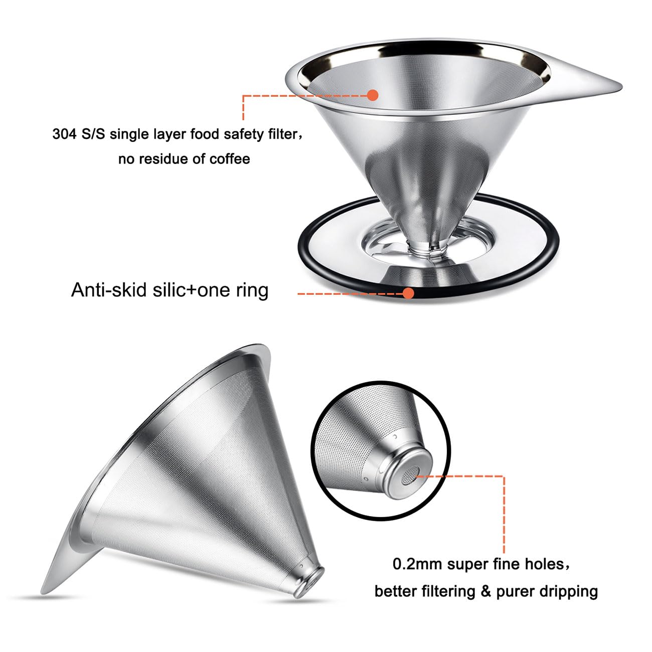 LHS Pour Over Coffee Dripper Stainless Steel Coffee Filter Metal Cone Filter Paperless Reusable