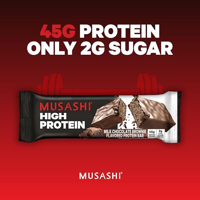 MUSASHI High Protein Bar, 45g Protein, 2g Total Sugars, Milk Chocolate Brownie, Post Workout and Protein Snack On The Go, 12 Pack of 3.2oz (90g) Bars