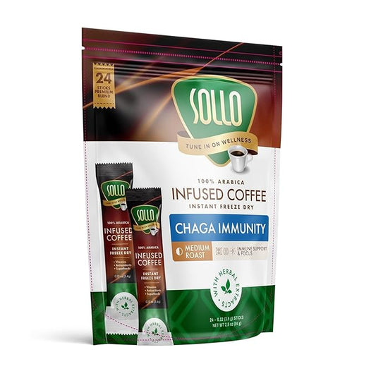 Sollo Infused Instant Chaga Mushroom Coffee Sticks (24 Servings) Memory & Clarity Support, 100% Chaga, Medium-Dark Roast, Arabica Freeze Dried Coffee in Single Serve Sticks.