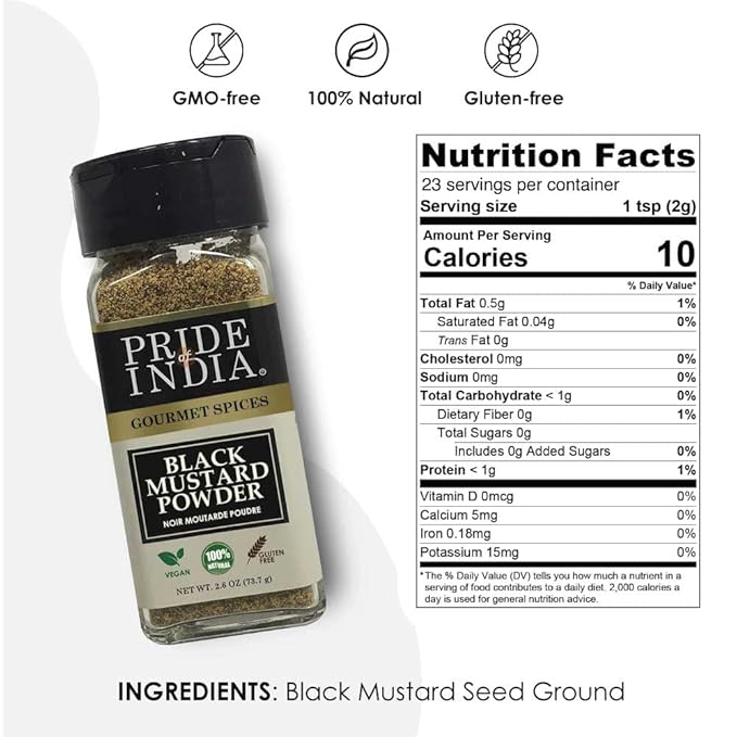 Pride of India – Black Mustard Seed Ground – Perfect Ingredient in Spice Blends – Spice up Pickles/Curries/Stews – Additives Free/Gourmet Spice – Easy to Use – 2.6 oz. Small Dual Sifter Bottle