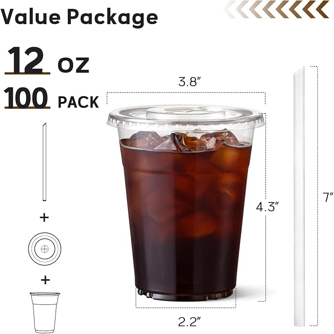 AOZITA 100 Pack 12 oz Clear Plastic Cups with Lids and Straws, Disposable Iced Coffee Cups for Cold Beverages, Smoothies, Iced Coffee, Leak-Proof, BPA-Free