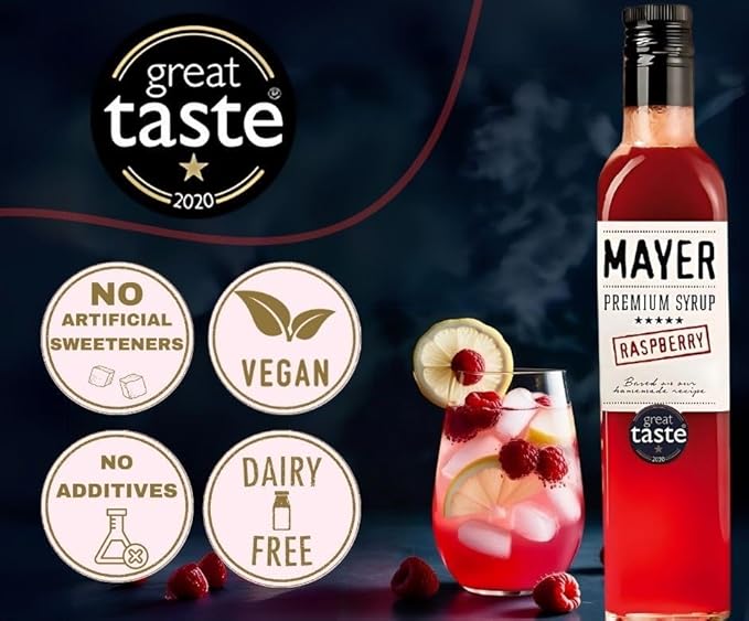Mayer Hungarian Premium Raspberry Artisanal Syrup ??Award-Winning, All-Natural, Over 50% Real Raspberries, Vegan, Gluten-Free (16.9 oz Bottle) ??Great Coffee & Cocktail Syrup, No Artificial Additives.
