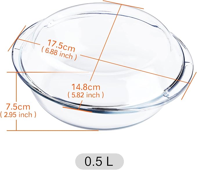 Round Glass Casserole Dish with Glass Lid, Nesting Glass Baking Dish, Heat, Cold and Shock Proof, Oven, Freezer and Dishwasher Safe (0.5L)