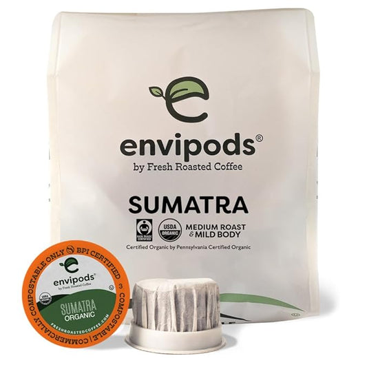 Fresh Roasted Coffee, Organic Sumatra envipods | BPI Compostable, USDA Organic, Kosher | Med Roast 12 Count Not for use in Ninja or Hamilton Beach Brewers