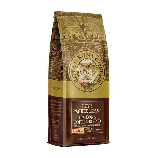 Royal Kona 10% Kona Coffee Blend, Roy's Pacific Medium-Dark Roast Groudn Coffee, A Taste of Aloha, 8 Ounce