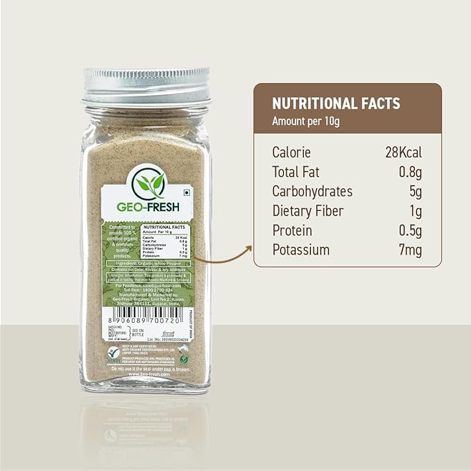Geo-Fresh Organic White Pepper Ground ??1.94 oz Glass Jar ??White Pepper Powder ??USDA Certified, Non-GMO, Kosher, Gluten-Free ??Premium Organic Spice for Cooking & Seasoning
