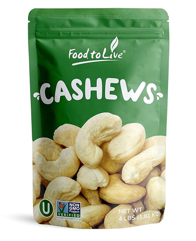 Food to Live - Raw Cashews, 4 Pounds Deluxe Whole Nuts, Unsalted, Unroasted Fancy Snack, Size W-320, Kosher, Vegan, Bulk, A good source of Magnesium, Phosphorus, Manganese & Copper