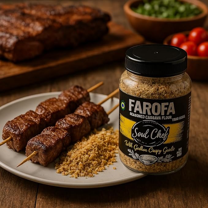 Soul Chef Seasoned Cassava Flour - Traditional - Farofa - Imported from Brazil - Delicious Flavor - Crispy Texture - Ideal On Steaks, Burgers, Sausages, Feijoada and Others.