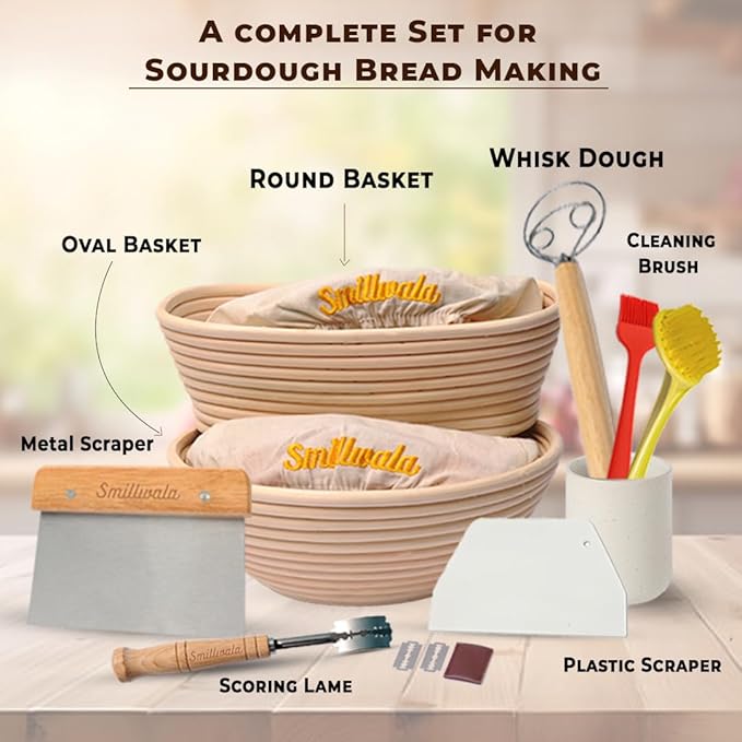 Set of 2 Banneton Bread Proofing Basket with linen Liner, 9" Round & 10" Oval bread basket with 9 Essential Bread Making Tools ??Rattan Sourdough Banneton Basket Kit for Baking Enthusiasts