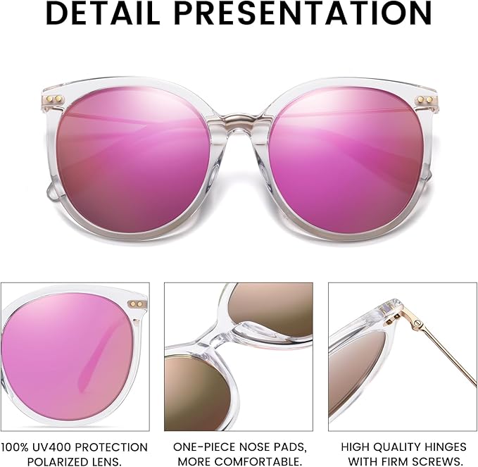 DUCO Oversized Polarized Sunglasses Womens Trendy Mirrored Shades Retro Round Vintage Light Weight UV400 Sun Glasses W016
