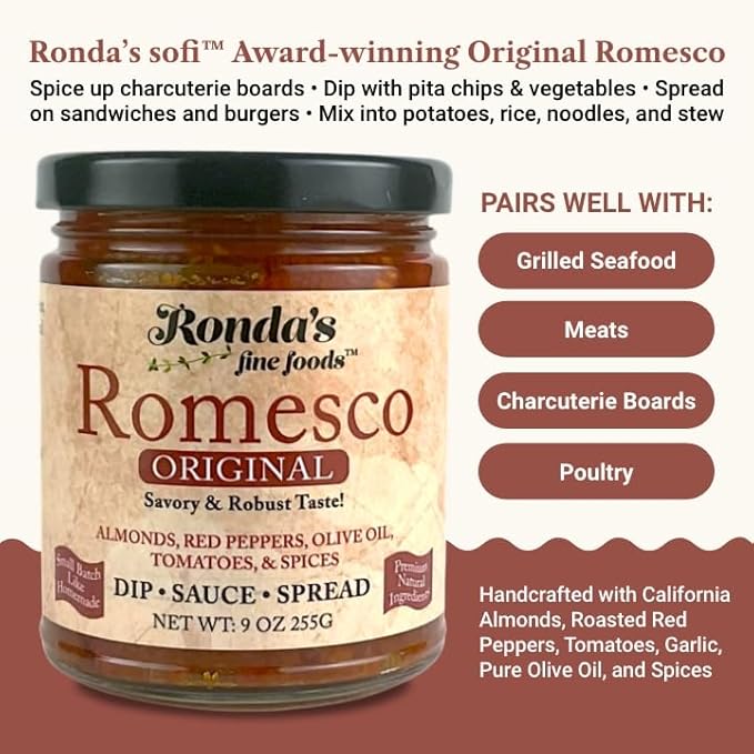 Romesco Dip, Spread, Topping & Sauce ??Thick, Small-Batch Romesco with Almonds, Pure Olive Oil, Red Peppers, & Tomato ??Keto, Vegan, Gluten-Free Red Sauce for Fish, Meat, Veggies, & Chicken by Ronda?™s Fine Foods